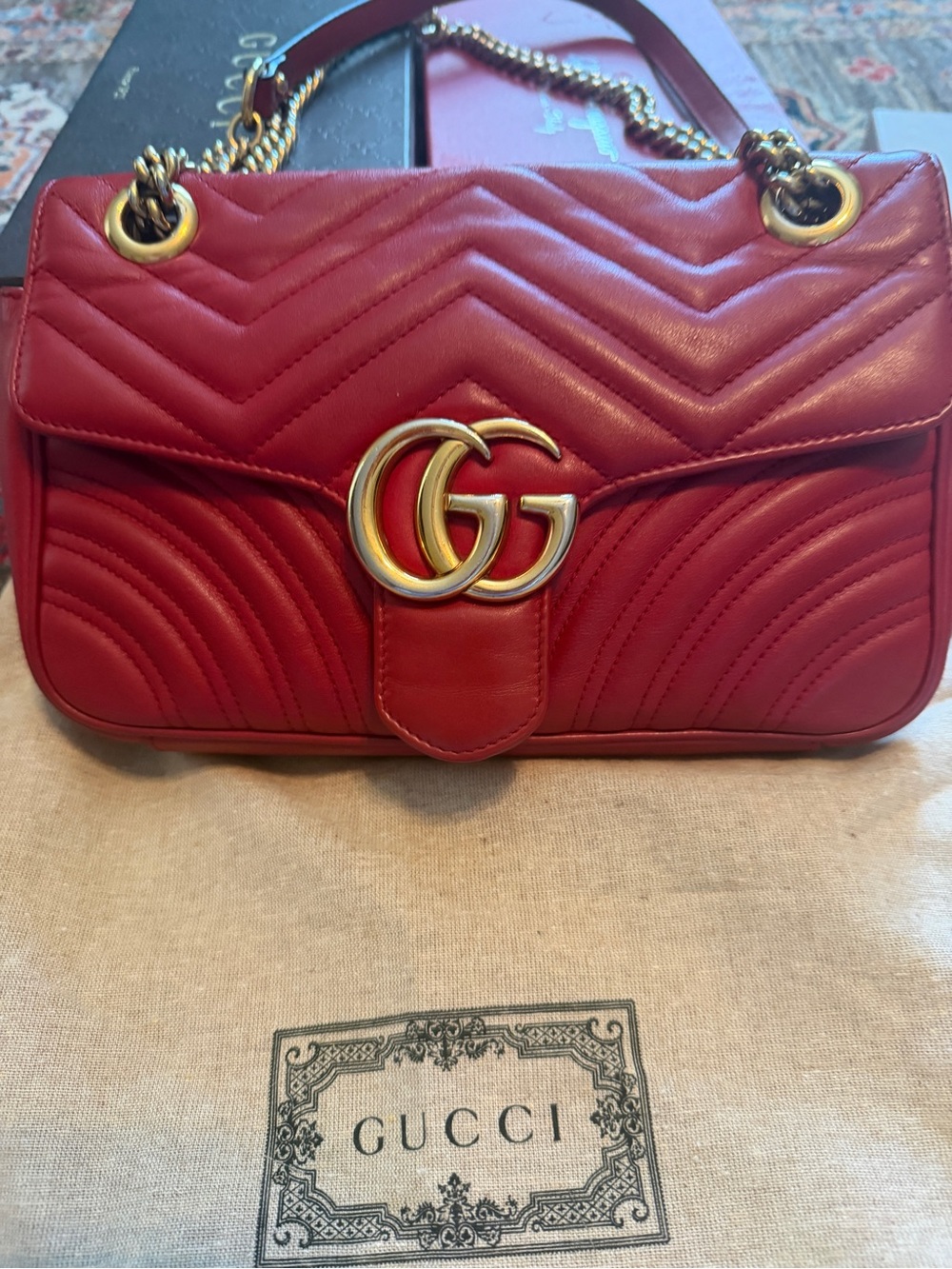 Gucci Red GG Marmont Chevron Shoulder Bag with Gold Hardware